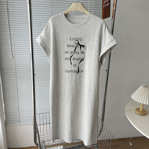 Summer Butterfly Knot Letter Print Split Long T-Shirt Dress Casual Style Short Sleeve round Neck H-Shape Cotton Womens Dress