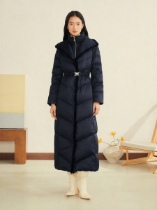 YINER | Winter Long Style Silk Sable Trimmed Stand Collar Belte Duck Down Coat