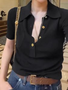 Summer Ice Silk Polo Neck Knitted Short Sleeve Slim Fit Base Shirt Womens Fashionable Korean Style T-shirt Comfortable Top