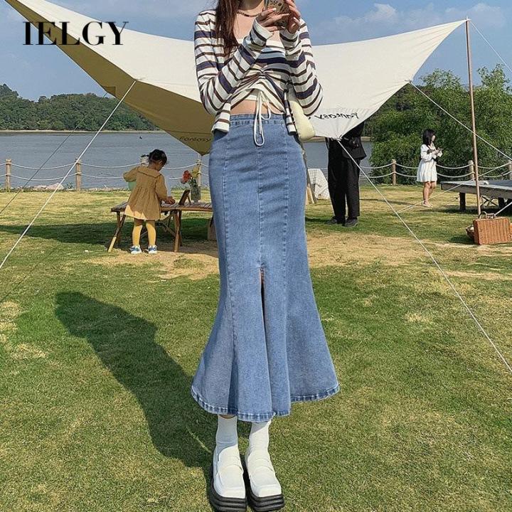 IELGY Black high waist denim mermaid skirt women's A-line Lazada