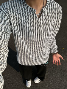 เสื้อยืดคอกว้างแขนยาวสไตล์อเมริกัน ทรงหลวม ผ้าถัก คอกลม ลายกระดูกปลา สำหรับผู้ชาย เสื้อเชิ้ตชั้นใน น้ำหนักเบา ใส่ได้ตลอดทั้งปี