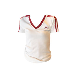 Summer Womens Short Sleeve T-Shirt Embroidered Butterfly Knot Slim Fit Pure Cotton V-Neck Shoulder Design Korean Style Top