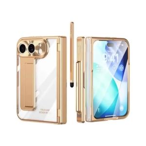 Electroplated Magnetic Hinge Protection Clear Phone Case with Front Screen Protective For iPhone Duo Pen Slot with Stylus Cover