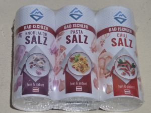 FRESH FROM HALLSTAAT AUSTRIA SET OF 3 BAD ISCHLER SALT: KNOBLAUCH SALZ PASTA SALZ CHILI SALZ