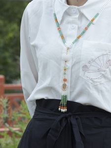 Retro Easy Matching Ming Necklace Choker Lotus Shiluo Hanfu Ancient Style Necklace of Precious Stones Extra Long Tassel Ornament Daily