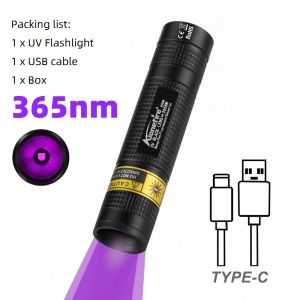 Mini 365nm UV Flashlight Blacklight USB Rechargeable Nails Lamp Led Torch Pet Urine Cat Tinea Money Ore Scorpion Detection Light