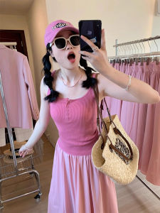 chaqi | Pink U-Neck Knitted Camisole Vest Women Summer Outerwear Ice Silk Strapless Top Sleeveless Vest Casual Wear Girls Fashion