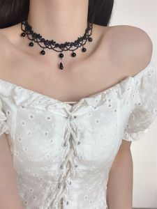 Halloween Vintage Lace Trim Pearl Pendant Tassel Choker Necklace Lolita Clavicle Chain Womens Fashion Jewelry Accessories