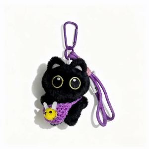 Cool Plush Black Cat Keychain With Hanging Rope Cute Doll Keychain Bag Pendant Jewelry Car Keychain Accessories Lady Couple Gift