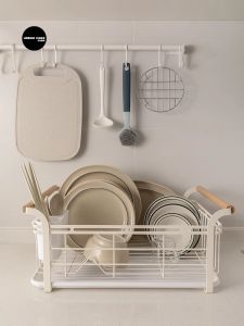 Large Kitchen Drain Basket Dishware Chopsticks Storage Rack Dining Utensils Holder Metal Material Nordic Style Floor Mounted Shelf