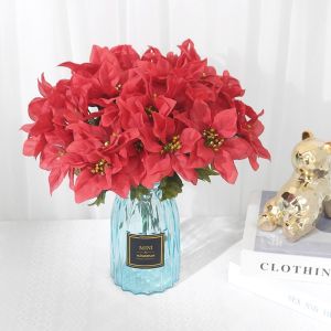 32cm 7Forks Red Christmas Flowers Bridal Bouquet Wedding Christmas Decoration Home Party Vase Decortion Fake Flowers Bouquet