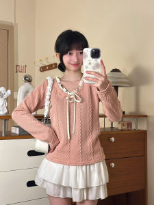 Áo Len Dệt Kim Cổ Chữ V Tay Dài Dành Cho Nữ Nơ Bướm Trang Trí Mềm Mại Ngọt Ngào Kiểu Dáng Xoắn Chất Liệu Polyester Mùa Xuân 2025