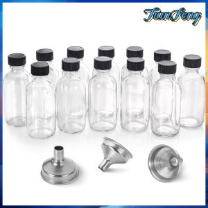 12 transparent glass bottles of 60ml and 3 funnels