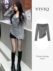 French Style Asymmetric Long Sleeve T-Shirt Womens Inner Wear Unique Design Sensation Autumn New Arrival Slim Fit Top