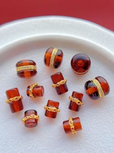 925 Antique Silver Plated Gold Natural Blood Amber Burger Bead Straight Tube Separator Waist Top DIY Cultural Play Accessories