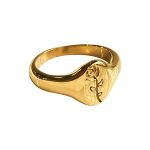 Engraved Rose Floral Flower Summer Statement Signet Gold Ring • Waterproof Anti-Tarnish • 18K Gold Plated 316L Stainless Titanium Steel Fashion Jewelry Ring for Women RG306