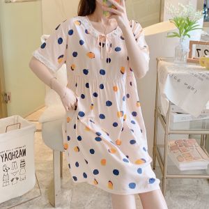 Faux Silk Nightdress Womens Summer 2023 New Arrival Thin Outwear Polka Dot Lace Print Dress Pajamas