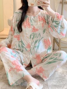 ฤดูใบไม้ผลิ ฤดูร้อน บาง ผ้าฝ้าย ผ้าไหม ชุดนอน ชุดเสื้อผ้าบ้านแขนยาวประดิษฐ์ขนาดใหญ่ ผ้าฝ้าย Moon Servicing เครื่องปรับอากาศ