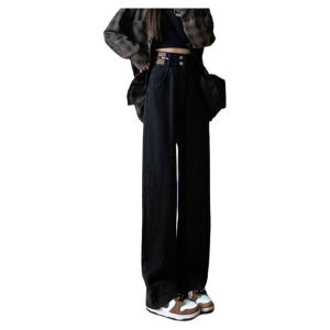 High Waist Flared Jeans Womens Black Slimming Large Size Winter New Style Fleece Lined Casual Belted Cotton Straight Leg Pants