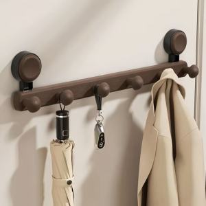 Walnut Wooden Suction Hook No Drilling Needed One Row Bathroom Clothes Hanger Mobile Wall Mounted Door Back Hanging Coat Hook