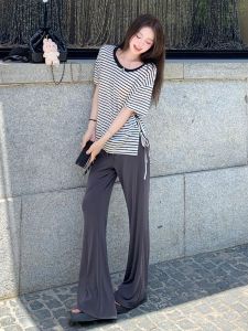 VKSOD | Womens Stripe T-Shirt Short Sleeve High Waist Drawstring Pants Two Piece Set Summer New Design Casual Comfortable Breathable