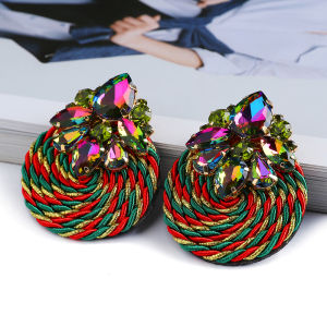 Fashion Ethnic Style Cotton Rope Weave Round Big Stud Earrings For Women Luxury Shiny Crystal Charm Wedding Party Jewelry Gift