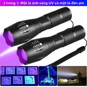 Đèn Pin UV 2 Trong 1 Ánh Sáng Kép Tím Trắng 395nm Có Thể Điều Chỉnh Độ Zoom Cầm Tay Dùng Để Phát Hiện Vết Bẩn Của Thú Cưng Hợp Kim Nhôm Đen Chống Nước