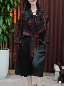 UYFY | Loose Printed Casual Womens Shirt Autumn New Style Plus Size Slimming Vintage Ethnic Asymmetrical Printed Long Sleeve Top