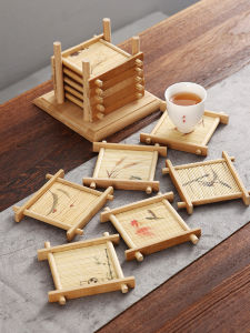 Square Bamboo Tea Cup Mat Printing Cup Coaster Heat Resistant Pad Chopsticks Holder Chinese Gongfu Tea Set Accessories
