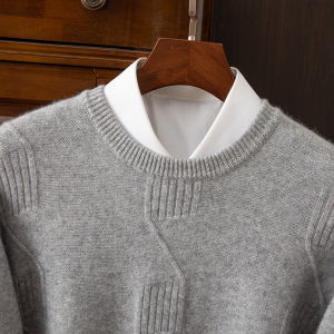 New Autumn Winter Pure Color Round Neck Knit Sweater for Men Comfortable Loose Fit Cashmere Wool Blend Shirt for Business Casual
