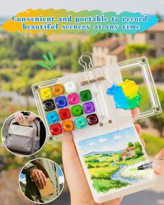 Mini Portable Watercolor Paint Color-matching Tray with Brush and Clip Paint Palette Travel Kit 8/15 Colors Grid Paint Box