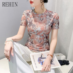 REHIN Summer fashion mesh floral printing short-sleeved round neck T-shirt Slim-fit elegant womens top