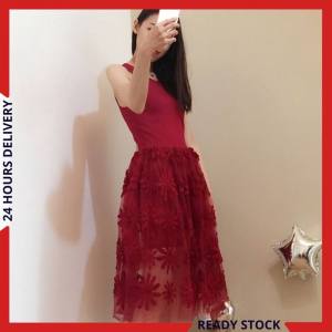 CFBOUTIQUE Korean Style Trendy Women Fashion Tulle Lace Sleeveless Ladies Summer Midi Dress