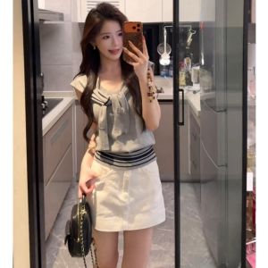 YUEZHONGWEI | French Style Fake Two Piece V Neck Summer Slim Fit Ice Silk Knit Top