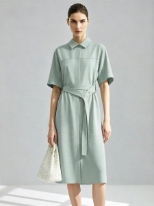 AMII | Summer New Commuting Style Notched Collar Long Sleeve Mother-of-Pearl Buttoned Waistband Loose Dress