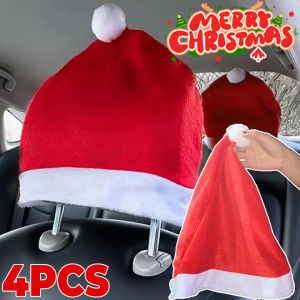4PCS Christmas Car Headrest Cover Soft Velvet Santa Hat Decoration Auto Xmas Interior Accessory Universal Vehicle Holiday Decor Gift