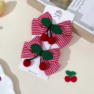 2Pcs Cherry Bow Hair Clips Strawberry Plaid Hairpin Sweet Fashion Barrette For Girls Childrens Headdress Korean Kid Accessories