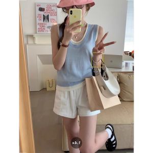 Áo Len Dệt Kim Không Tay Cổ Chữ U Cho Nữ Mùa Hè Thiết Kế Rộng Rãi Màu Tương Phản Áo Lót Áo Khoác Ngoài