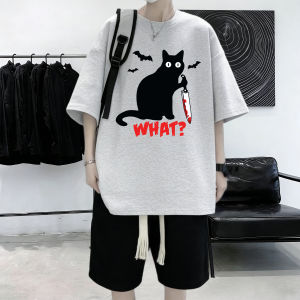 What The Cat With A Knife Printing T-Shirt Men Summer Trendy T Shirts Oversized Multicolor Clothes Cotton All-Match Sportswear