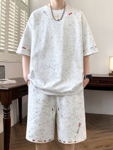 ZUOFEILI | Tie Dye and Embroidery Mens Short Sleeve Shorts Set Ice Silk