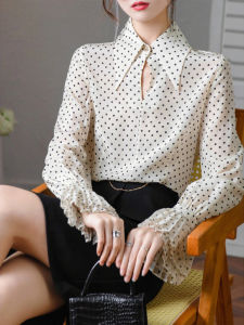 PAIBOLI | Unique Beautiful Retro Hong Kong Style White Polka Dot Shirt Womens Autumn Winter Fashionable Youthful Small Top