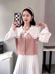 Áo Gile len nữ thêu hoa với 3 khuy thiết kế 4 hoa Ghile dệt kim cổ V tiểu thư hàn quốc Quảng châu 377