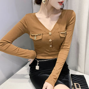 Yimei Áo Thun Nữ Cổ Chữ V cúc trang trí thời trang áo tay áo dài mùa thu dáng ôm mới cotton 2023