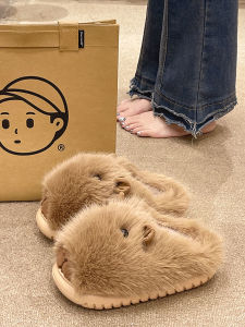 Fluffy Slippers Womens Outdoor Wearable Cute Otter Home Indoor Plush Warm Anti-Slip Covered Head Slippers Roman Style Sweet