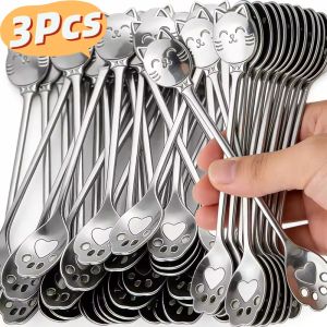 3Pcs Cat Spoon Coffee Tea Spoon Set Stainless Steel Mini Long Cute Kitten Stirring Teaspoons for Dessert Drink Mixing Milkshake