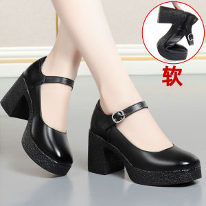 ทันสมัย รองเท้าส้นสูงแพลตฟอร์มกันน้ําส้นหน นุ่ม หนัง รองเท้าเดี่ยวผู้หญิงของแท้ หนัง รองเท้าหัวกลม สีขาว ชุดกี่เพ้า รองเท้า