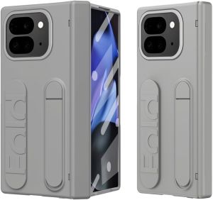 Hinge Protection for Google Pixel 10 Pro Fold Case with Screen Protector & Wrist Strap & Hidden StandLeather Wristband Grip Matte Hard Plastic Full Body Shockproof Phone Case for Google Pixel 9 Pro Fold Case