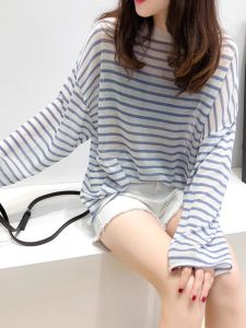 Summer Stripes Thin Ice Silk Sweater: Sun Protection Shirt for Air Conditioned Rooms