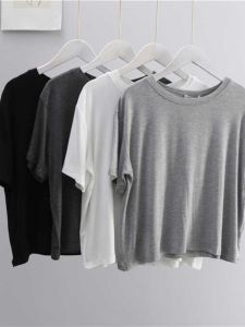 เสื้อยืดคอกลมแขนสั้นทรงหลวมสไตล์เกาหลีสำหรับผู้หญิงในช่วงฤดูร้อน ผ้าโพลีเอสเตอร์ผสมโมดอล สวมใส่สบาย