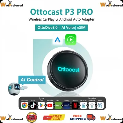 Ottocast P3 Pro CarPlay AI Box Android Adapter Wireless Android Auto Built-in AI Chat Assistant Powered by the Snapdragon 6225 with 8GB RAM and 128GB Storage